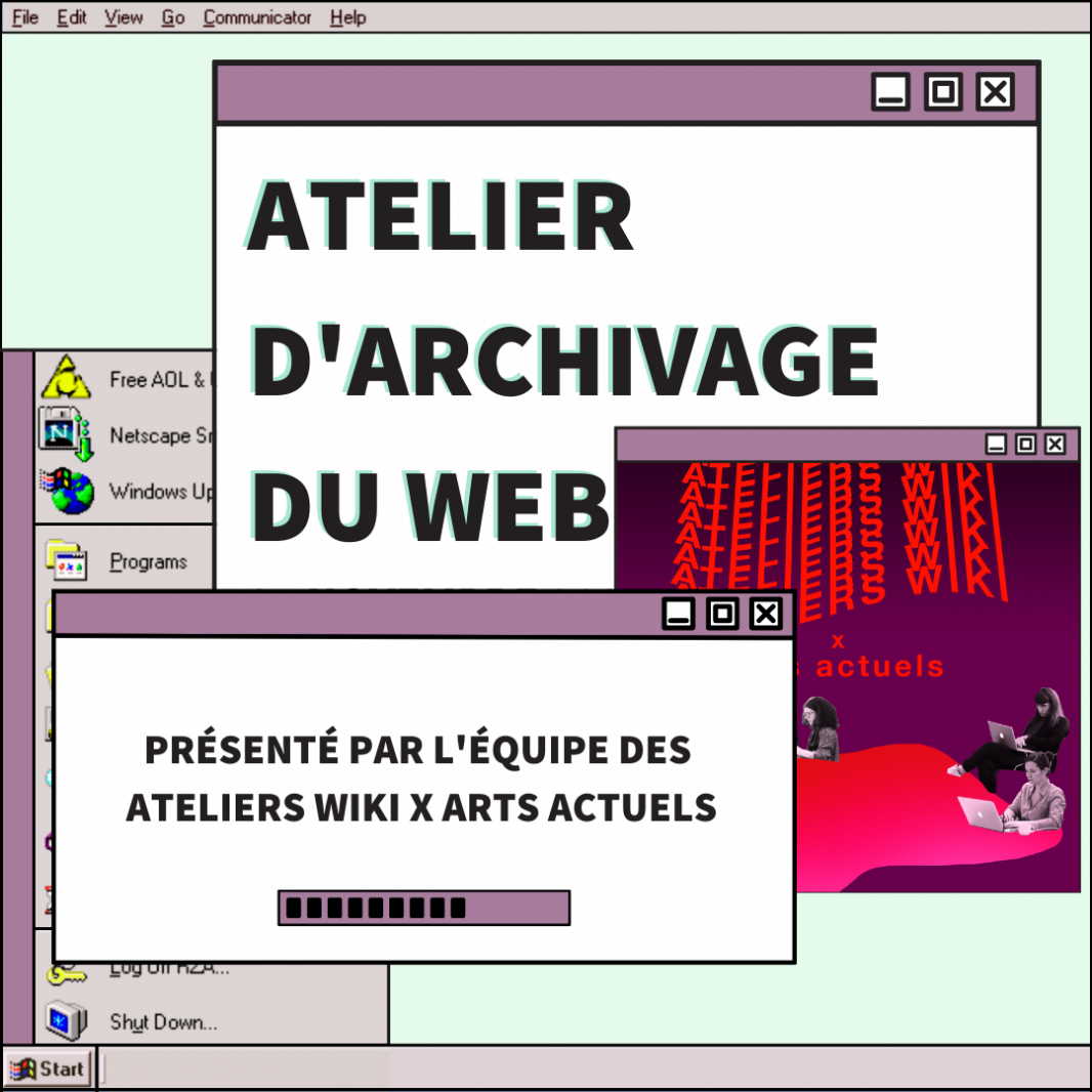 Inspiré par l’esthétique visuelle du logiciel Windows 98, cette image se lit comme un écran d’ordinateur PC. Sur un fond vert clair, les barres d’options inférieur et supérieure de l’écran, ainsi que le menu de démarrage dans le coin inférieur gauche sont extraits de Windows 98 et reprennent donc ses icônes pixélisées, ainsi que le gris caractérisant le visuel de ce même logiciel PC. Dans un jeu de superposition de fenêtres Web, on peut lire en caractères gras de couleur noir, doublé d’un vert clair : « Atelier d’archivage du web » dans la fenêtre la plus imposante se trouvant en fond du jeu de composition de l’image graphique. Superposée à cette dernière, à droite de l’écran, le visuel promotionnel aux couleurs rouge et mauve des Ateliers Wiki X arts actuels occupe une petite fenêtre Web de format carré. Finalement, en premier plan et plus à gauche dans le bas de l’image, la troisième et dernière fenêtre Web de la composition indique, en caractères noirs toujours, « Présenté par l’équipe des Ateliers Wiki X arts actuels » sous lequel une barre de téléchargement réfère à l’approche de l’évènement annoncé en tant que tel.