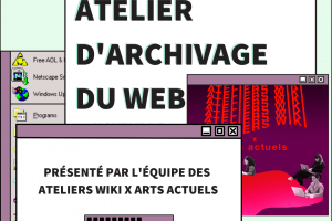 Inspiré par l’esthétique visuelle du logiciel Windows 98, cette image se lit comme un écran d’ordinateur PC. Sur un fond vert clair, les barres d’options inférieur et supérieure de l’écran, ainsi que le menu de démarrage dans le coin inférieur gauche sont extraits de Windows 98 et reprennent donc ses icônes pixélisées, ainsi que le gris caractérisant le visuel de ce même logiciel PC. Dans un jeu de superposition de fenêtres Web, on peut lire en caractères gras de couleur noir, doublé d’un vert clair : « Atelier d’archivage du web » dans la fenêtre la plus imposante se trouvant en fond du jeu de composition de l’image graphique. Superposée à cette dernière, à droite de l’écran, le visuel promotionnel aux couleurs rouge et mauve des Ateliers Wiki X arts actuels occupe une petite fenêtre Web de format carré. Finalement, en premier plan et plus à gauche dans le bas de l’image, la troisième et dernière fenêtre Web de la composition indique, en caractères noirs toujours, « Présenté par l’équipe des Ateliers Wiki X arts actuels » sous lequel une barre de téléchargement réfère à l’approche de l’évènement annoncé en tant que tel.