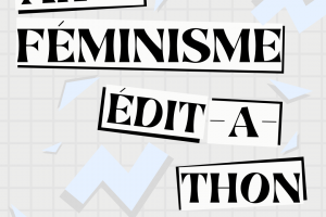 Sur un fond beige marqué d’un délicat motif de grille, nous pouvons lire «ART+FÉMINISME» «ÉDIT-A-THON» «présenté par Artexte» dans une calligraphie noire stylée superposée à des rectangles beiges et noir donnant un effet de collage et d’ombrage à l’ensemble du graphique qui est majoritairement occupé par le texte. Autour de ce même texte, des formes géométriques incongrues bleu clair, doublées d’un effet d’ombrage gris clair, rappellent une esthétique associée aux années 1990.