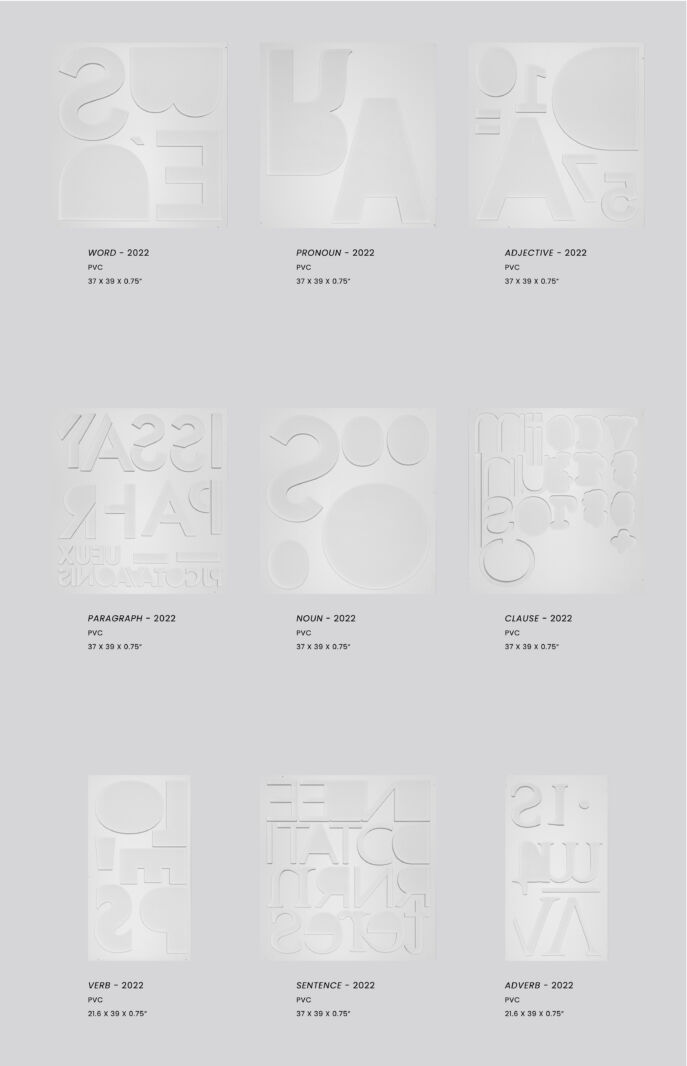 Document explicatif de l'oeuvre « Writing Systems » de Rad Hourani, montrant les différentes formes de chaque pièce, soit « word », « pronoun », « adjective », « paragraph », « noun », « clause », « verb », « sentence », et « adverb ».