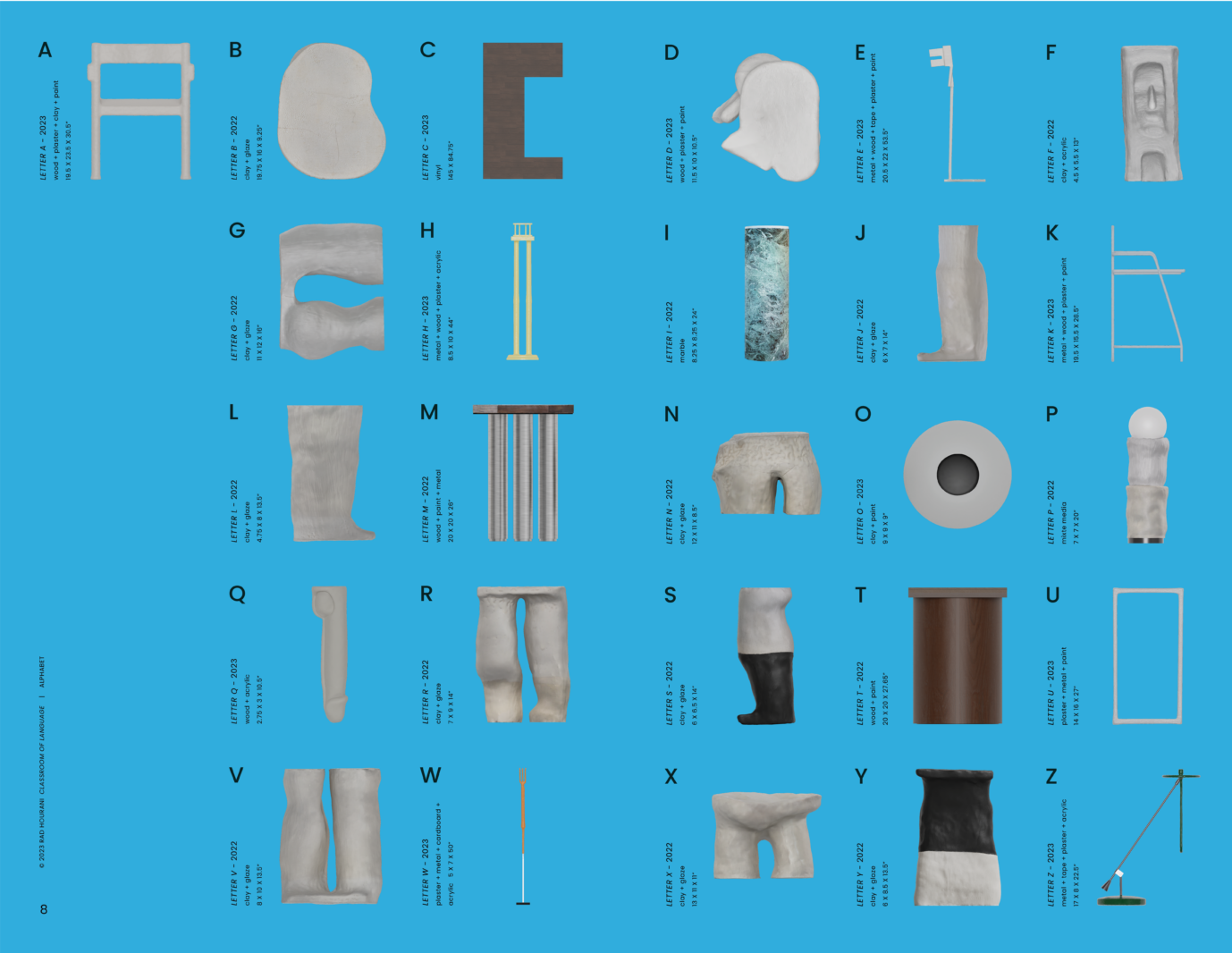 Document extrait de l'opuscule de l'exposition « Classe de langue » de Rad Hourani expliquant son alphabet créé en sculptures.