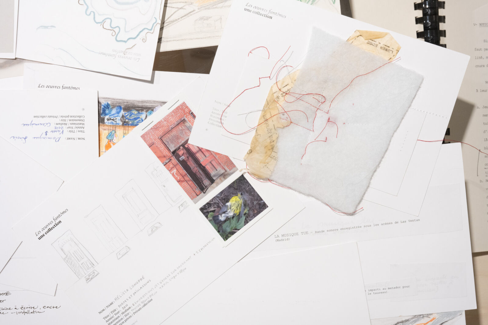 Landscape colour photo showing a detail from Céline Huyghebaert's exhibition Le suppressions presented at Artexte. This close-up shows an allover composition made up of the ghost works collected by the artist for this creative project. Taking the form of beige postcards, each of them has been filled in by collaborating artists. Each card is unique. Some have text, some have drawings, and some have 3D elements affixed to them.