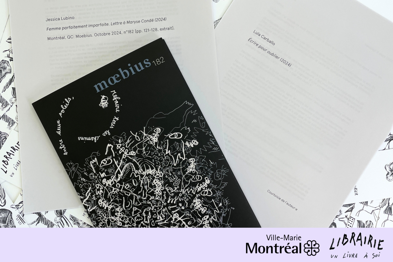 Landscape photo on which a Moebius magazine and the two excerpts of texts from the second Cercle de lecture, presented in collaboration with the bookstore Un livre à soi, are positioned randomly on a white and black background created by the all-over pattern of the bookmarks of the bookstore Un livre à soi. At the bottom of the photo is a light mauve band featuring the logos of the City of Montreal's Ville-Marie borough and Un livre à soi bookstore, both on the right.
