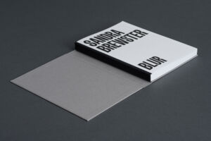 Black and white photograph of a large grey book opened to the title page, which reads, in capital letters, SANDRA BREWSTER. BLUR.
