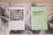 Colour photograph of two spiral-bound documents placed on top of a black and white image of a duvet. The one on the left shows a black and white photograph of the Artexte collection, while the one on the right has the title of the project printed on green paper. We can read "Repenser la description des oeuvres d'art. Une bibliographie compilée et commentée par l'artiste Marie Samuel Levasseur lors d'une résidence de recherche à Artexte. Avril-mai 2025."